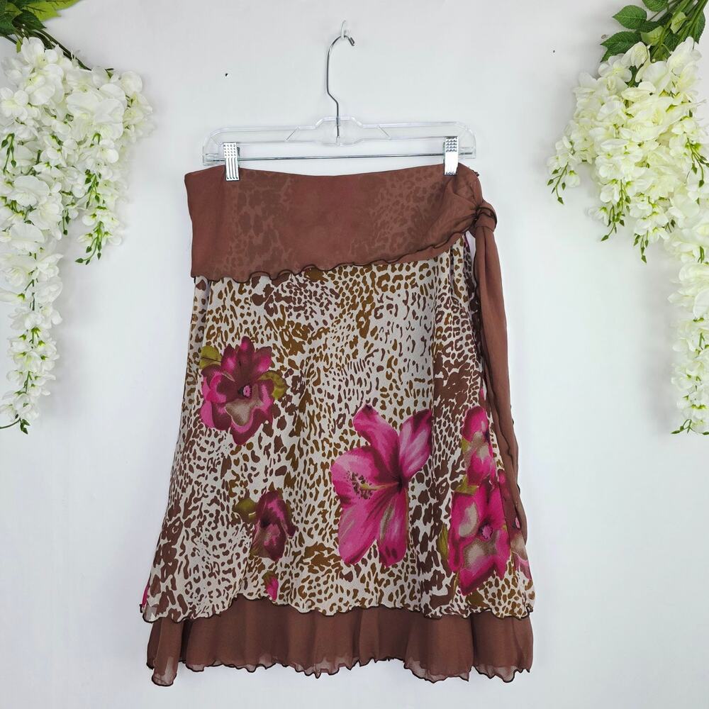 Y2K Chiffon Skirt Medium Brown Leopard Tropical Floral Fairy Grunge Whimsical - Picture 3 of 11